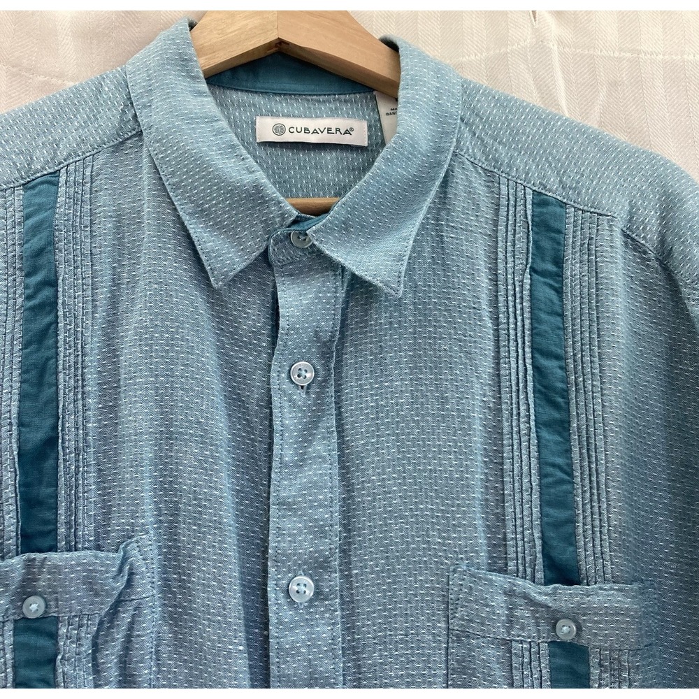 Cubavera Linen Blend Shirt Mens L Blue Short‎ Sleeve Button Up Lounge Rockabilly